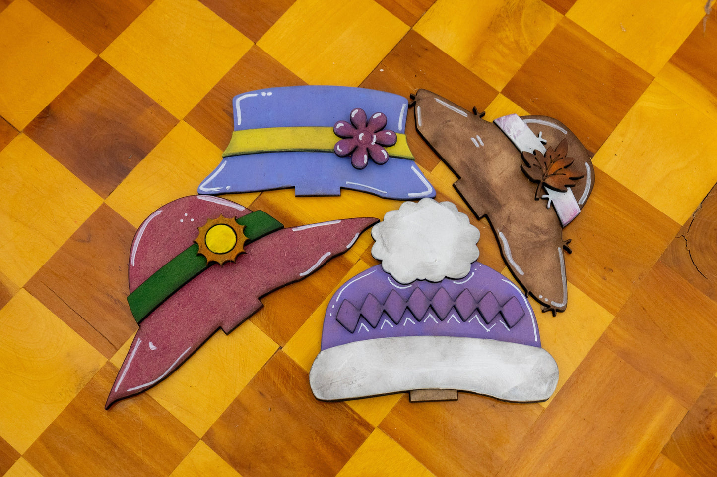 Inchangeable Animals - With seasonal hats-Laser Cut-Cat-Kitten-Hand Painted-Handmade-Home Decor-Seasonal-Hats-Bows-Laser Cut Wood-Custom