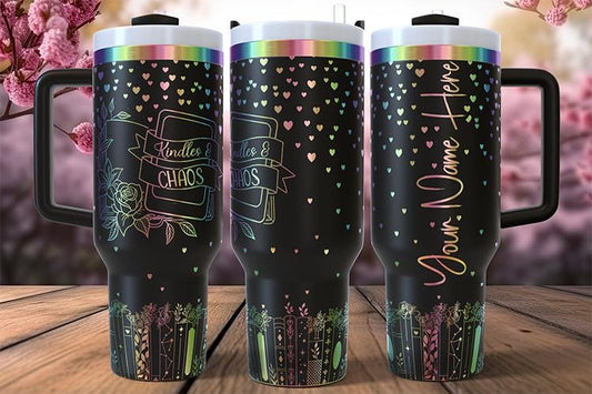 Kindles & Chaos 40oz Tumbler - Hearts and Books Design