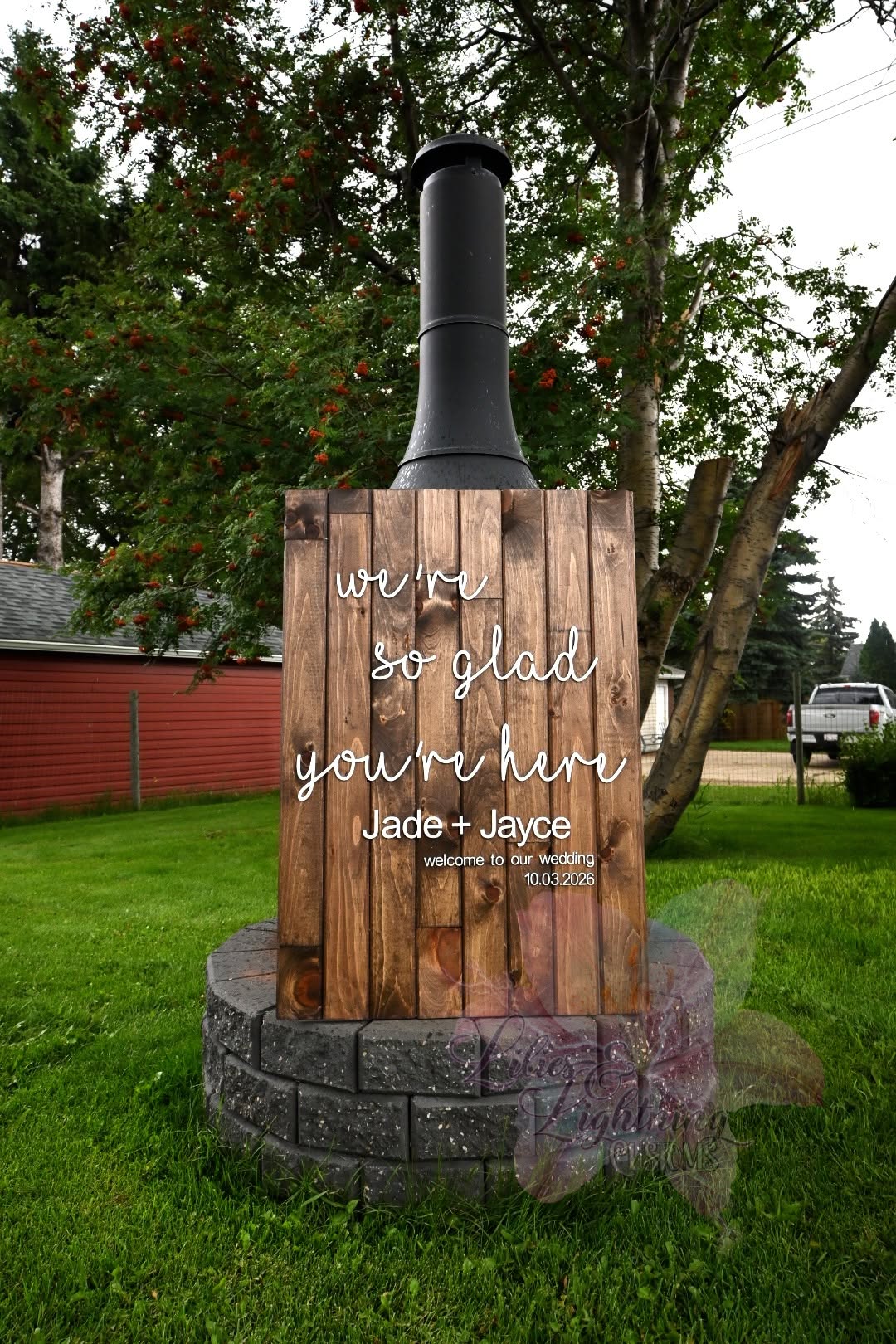 Custom wooden wedding sign with personalized raised lettering and stained wood background