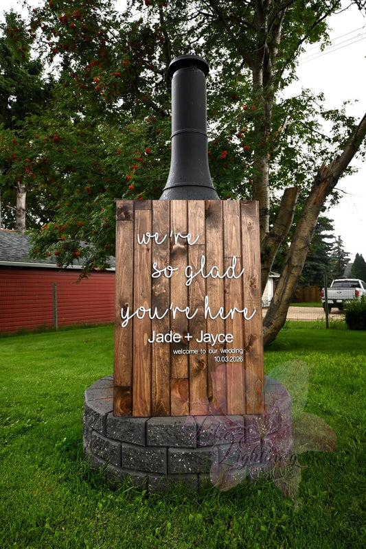 Custom wooden wedding sign with personalized raised lettering and stained wood background